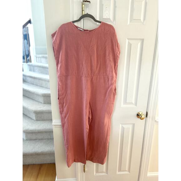 Linenfox Olivia Mauve Pink Short Sleeve Crop Length Keyhole Back Linen Jumpsuit - Picture 1 of 5